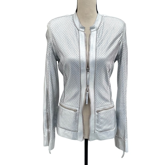 ROBERTO CAVALLI SILVER PERFORATED LEATHER FITTED FULL ZIP JACKET - WAS ALTERED - Picture 12 of 16